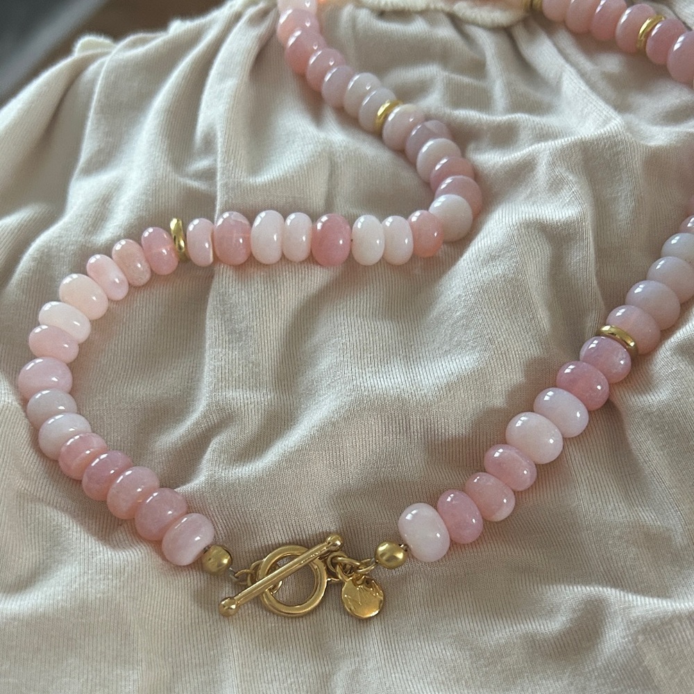 Mayamar Pink quartz Beaded stacker Necklace with Gold‎ Accents